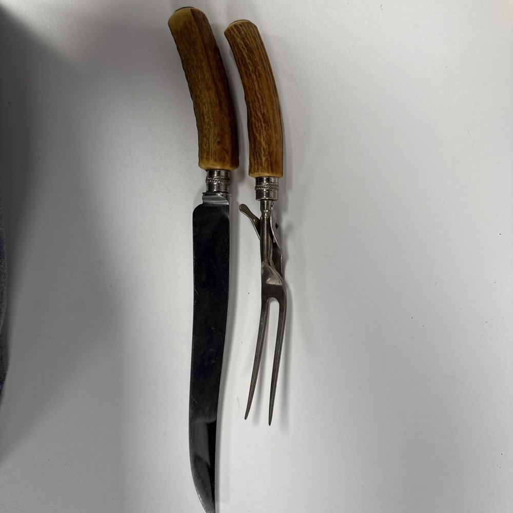 Latham & Owen Sheffield England Carving Set Antler Handles Knife Fork‎